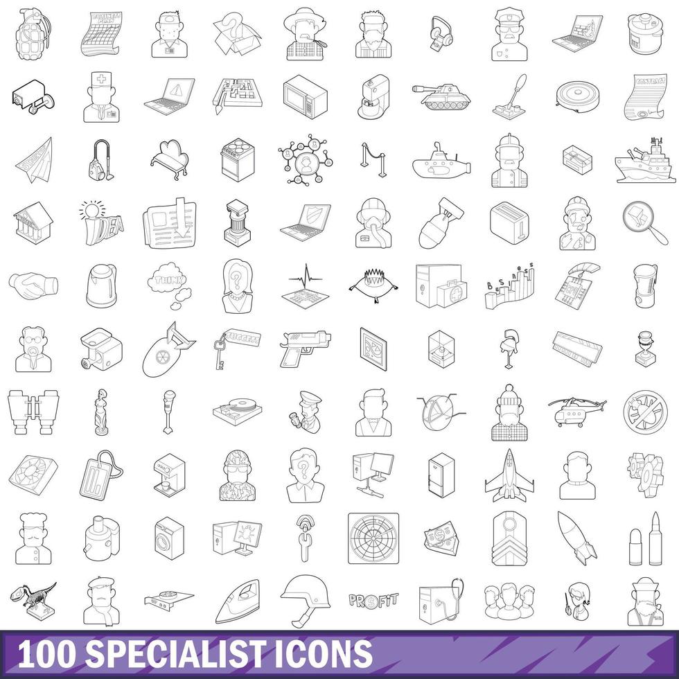 100 specialist icons set, outline style vector