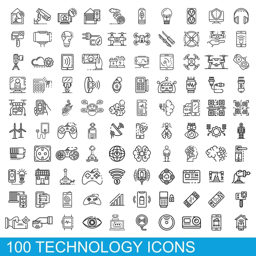 100 technology icons set, outline style vector