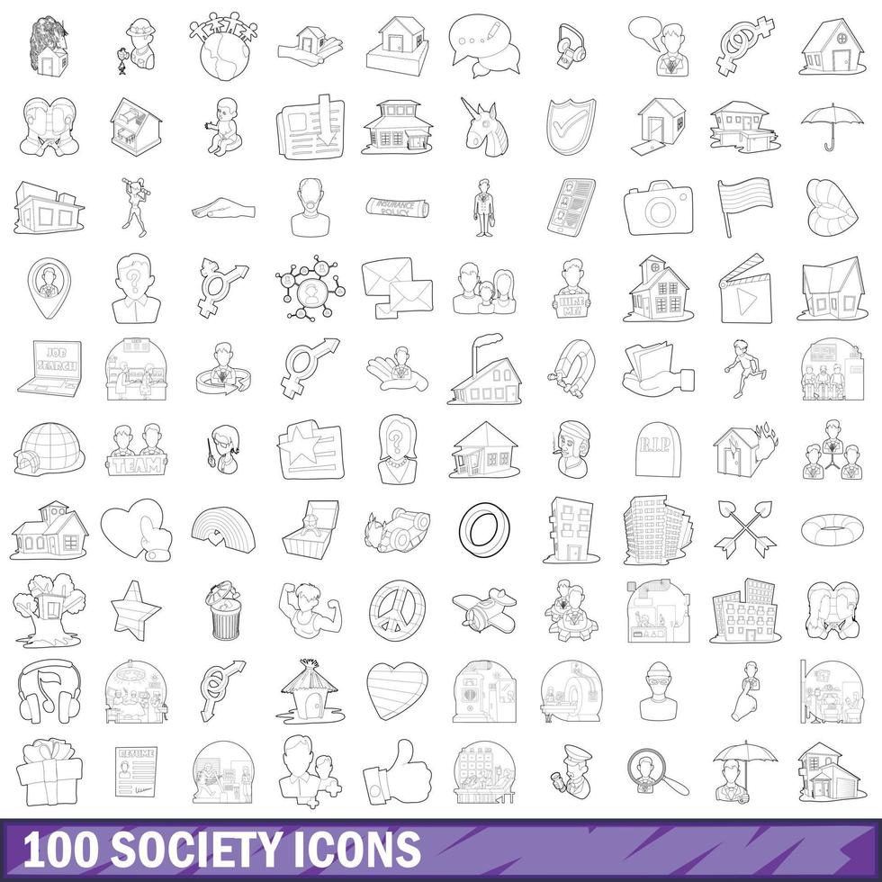 100 society icons set, outline style vector