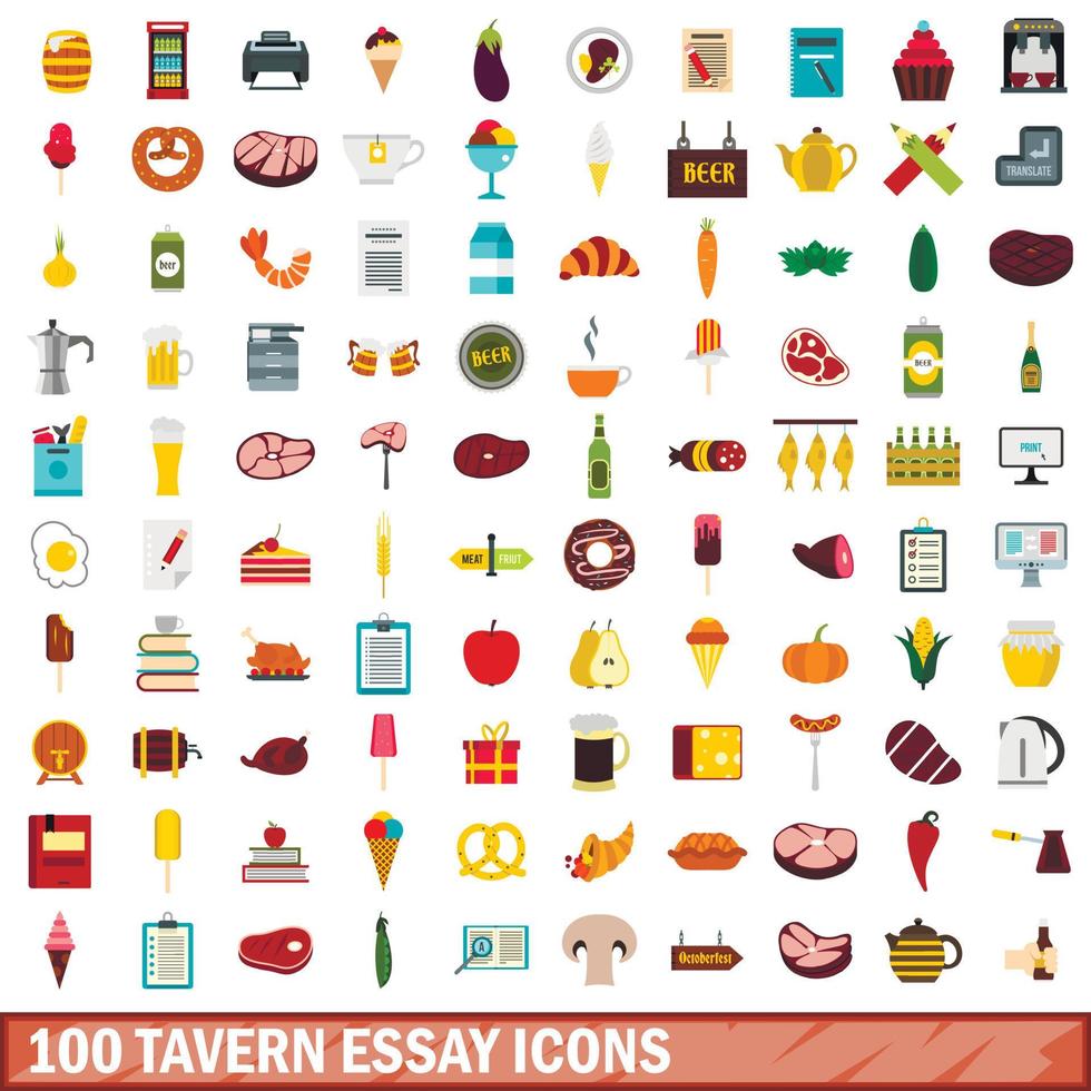 100 tavern essay icons set, flat style vector