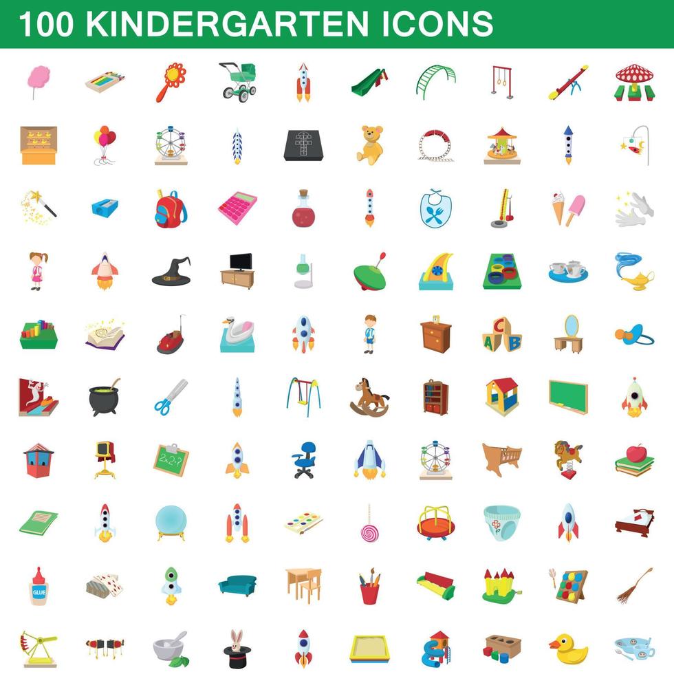 100 kindergarten icons set, cartoon style vector