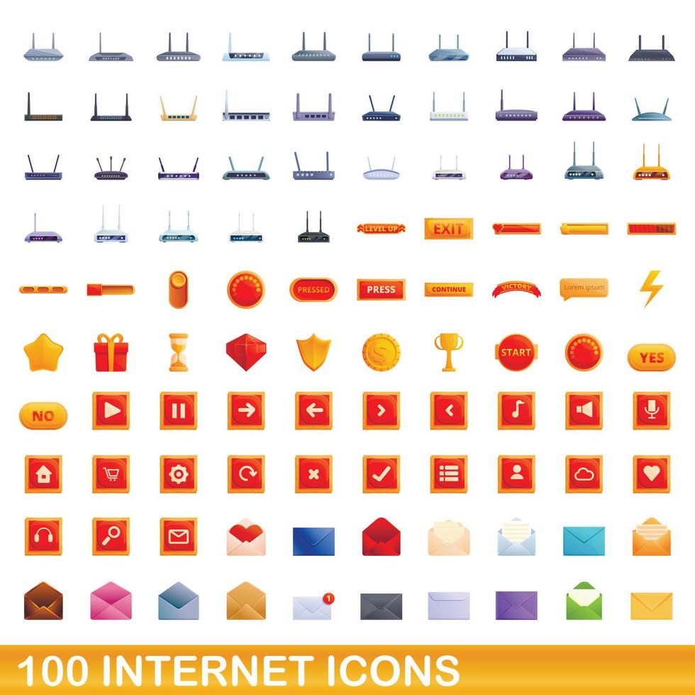 100 internet icons set, cartoon style vector