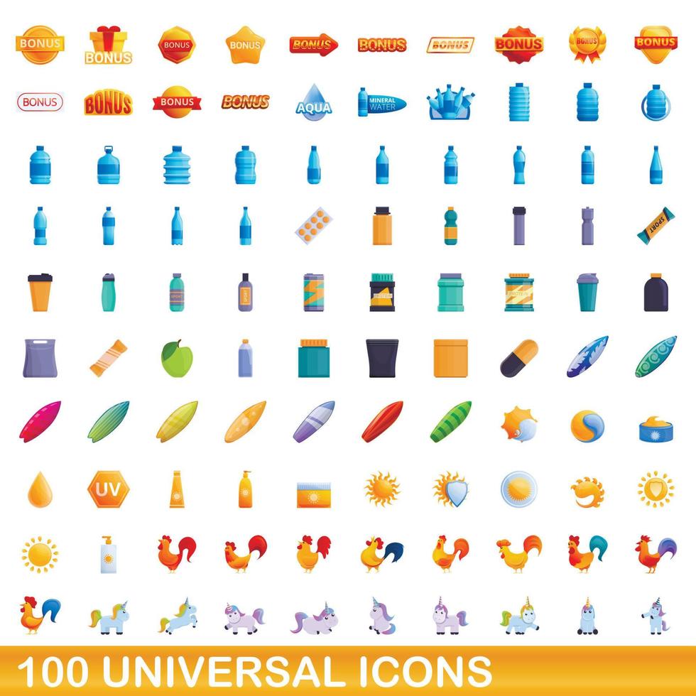 100 universal icons set, cartoon style vector