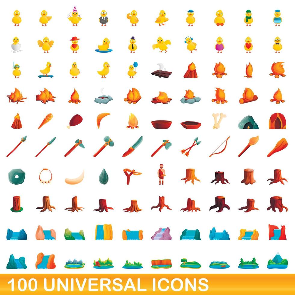 100 universal icons set, cartoon style vector