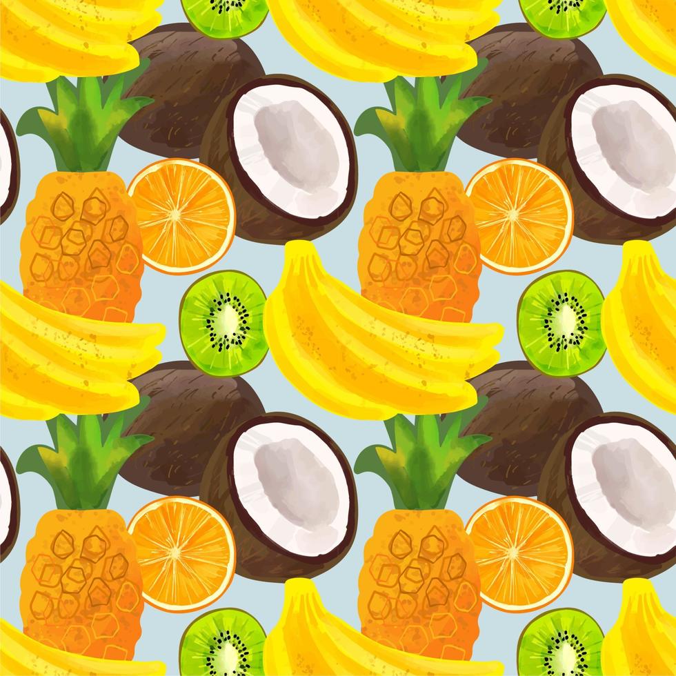 Seamless pattern with tropical fruits with banana, pineapple, kiwi, coconut, orange on a blue background vector