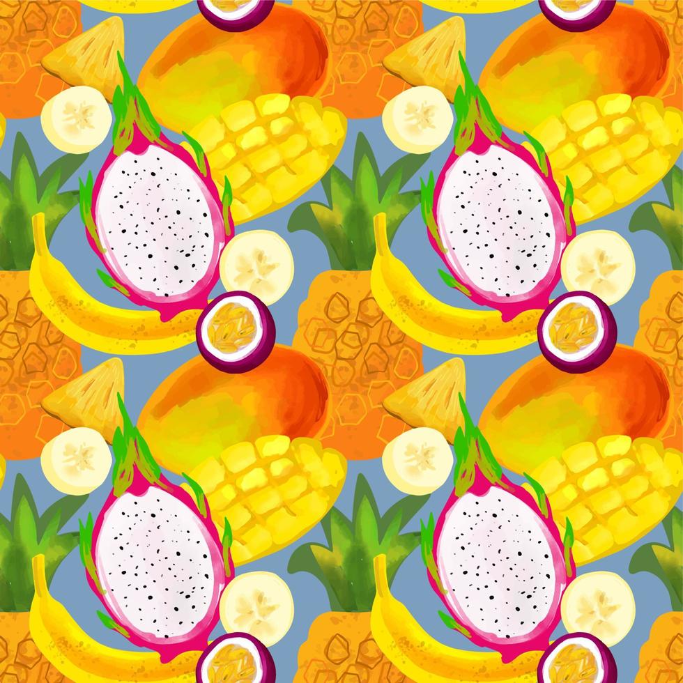 Seamless pattern with tropical fruits with mango, banana, pineapple, pitahaya, passion fruit on a blue background vector