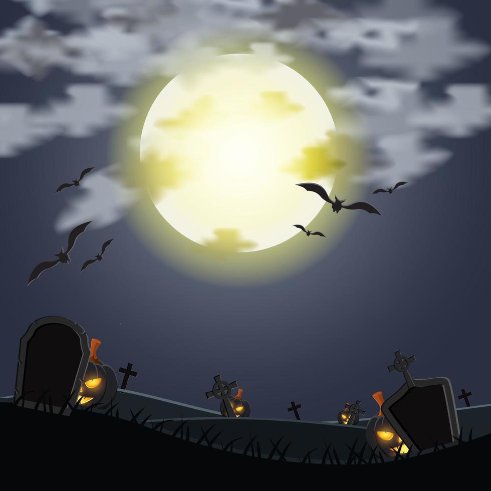 Illustration of vector graphic haloween background banner. Haloween party sign vector cover illustration. Scary pumpkin in the grave. EPS10 format.