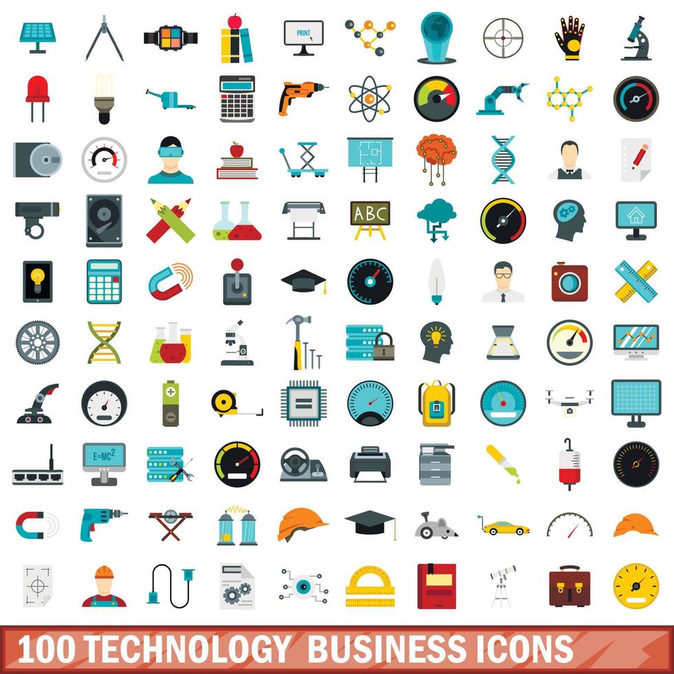 100 iconos de negocios de tecnología, estilo plano vector