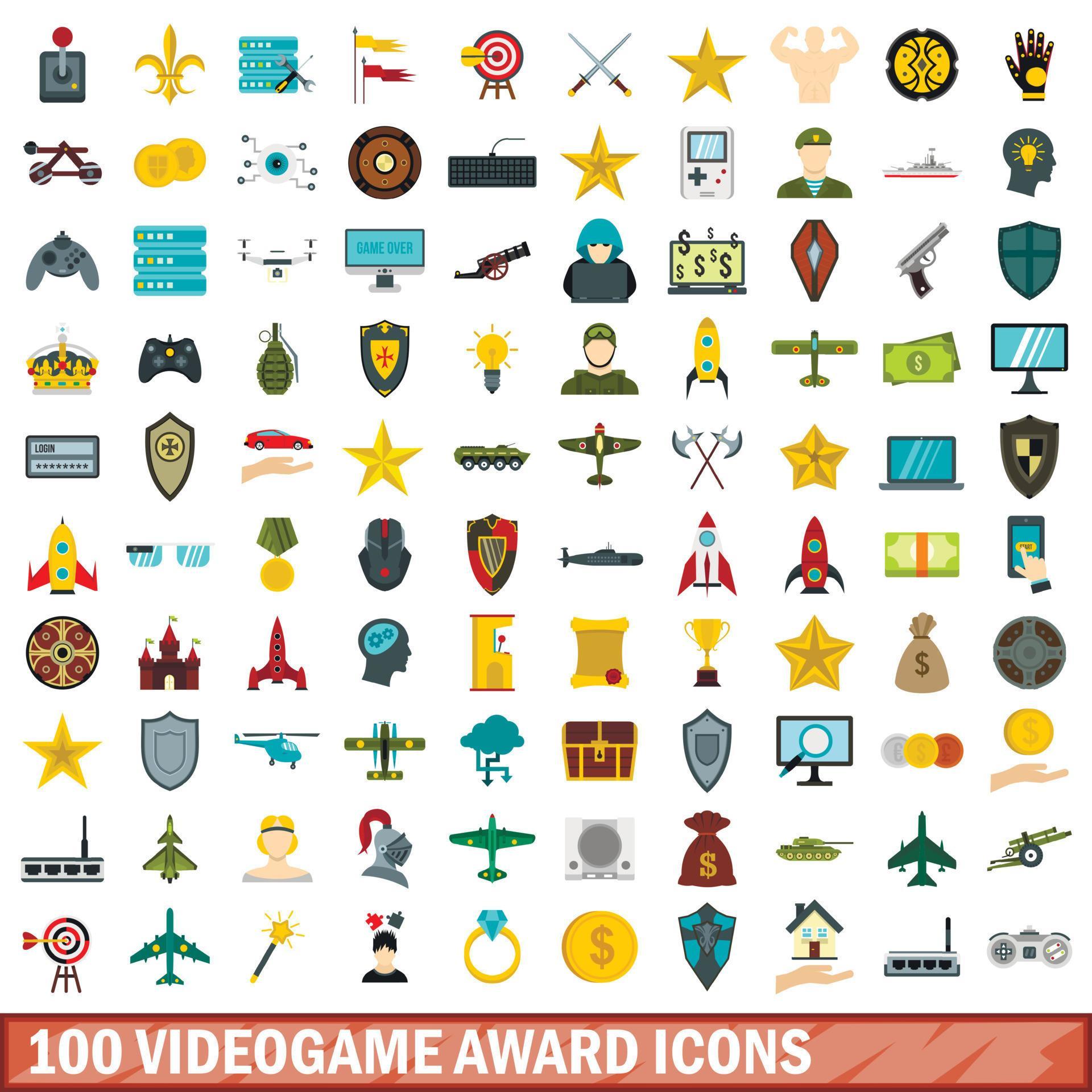 100 videogame award icons set, flat style 8856064 Vector Art at Vecteezy