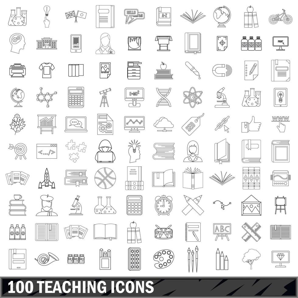 100 conjunto de iconos de enseñanza, estilo de esquema vector