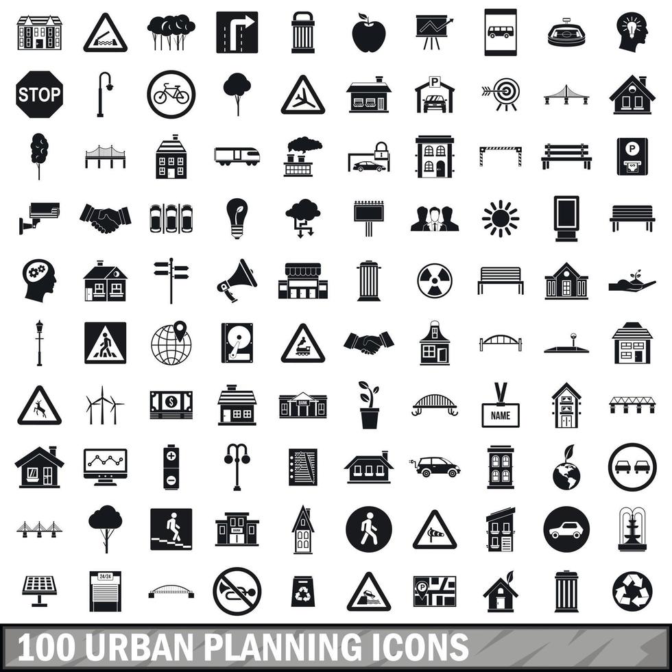 100 urban planning icons set, simple style vector