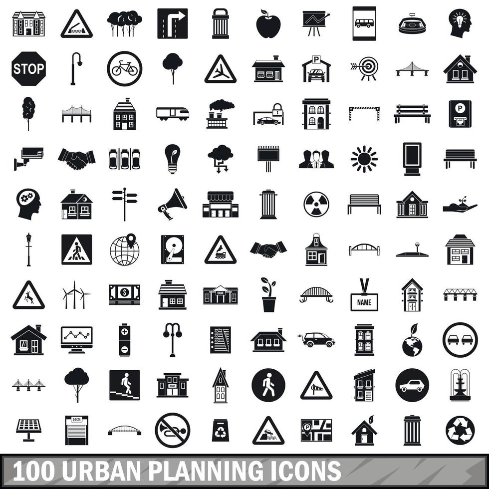 100 conjunto de iconos de planificación urbana, estilo simple vector