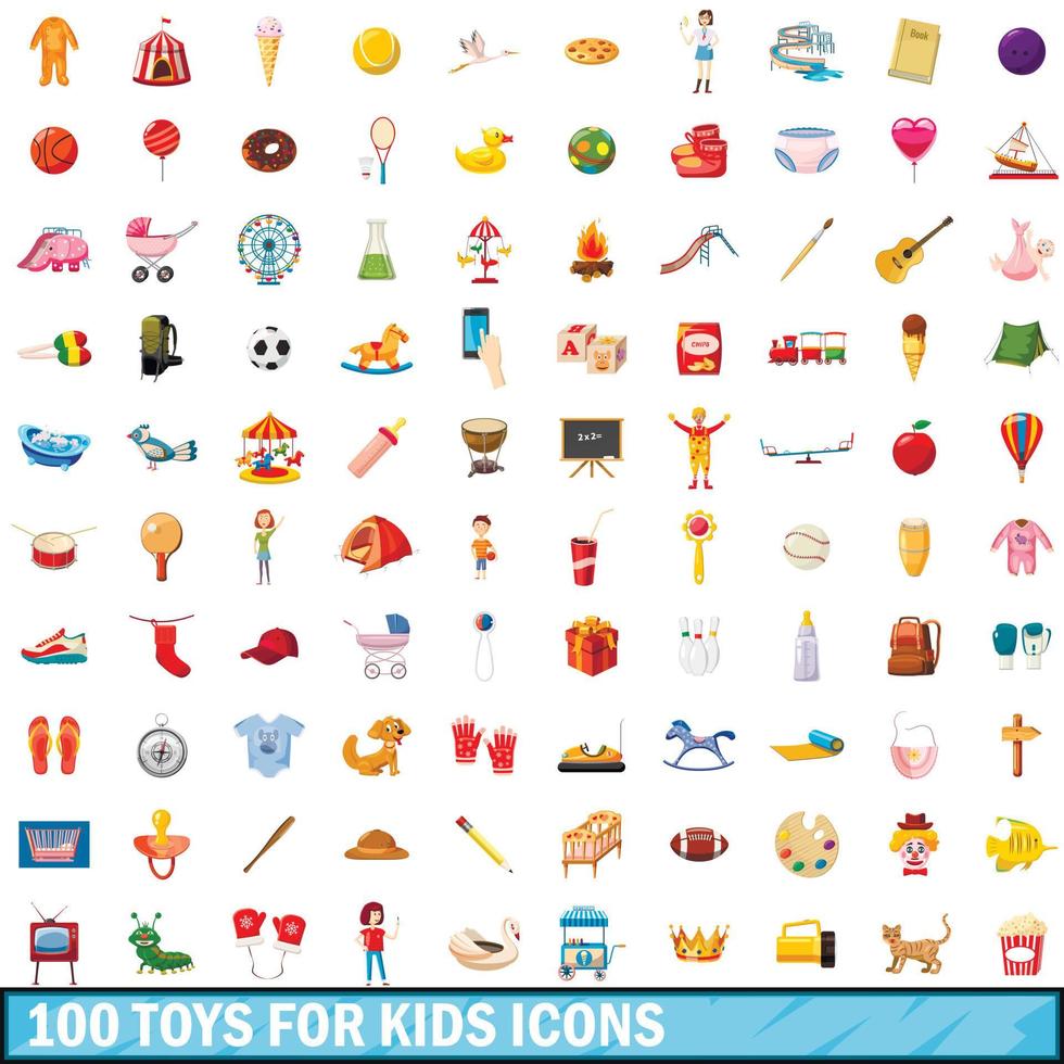 100 juguetes para niños, conjunto de iconos de estilo de dibujos animados vector