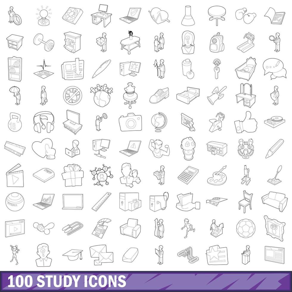 100 conjunto de iconos de estudio, estilo de contorno vector