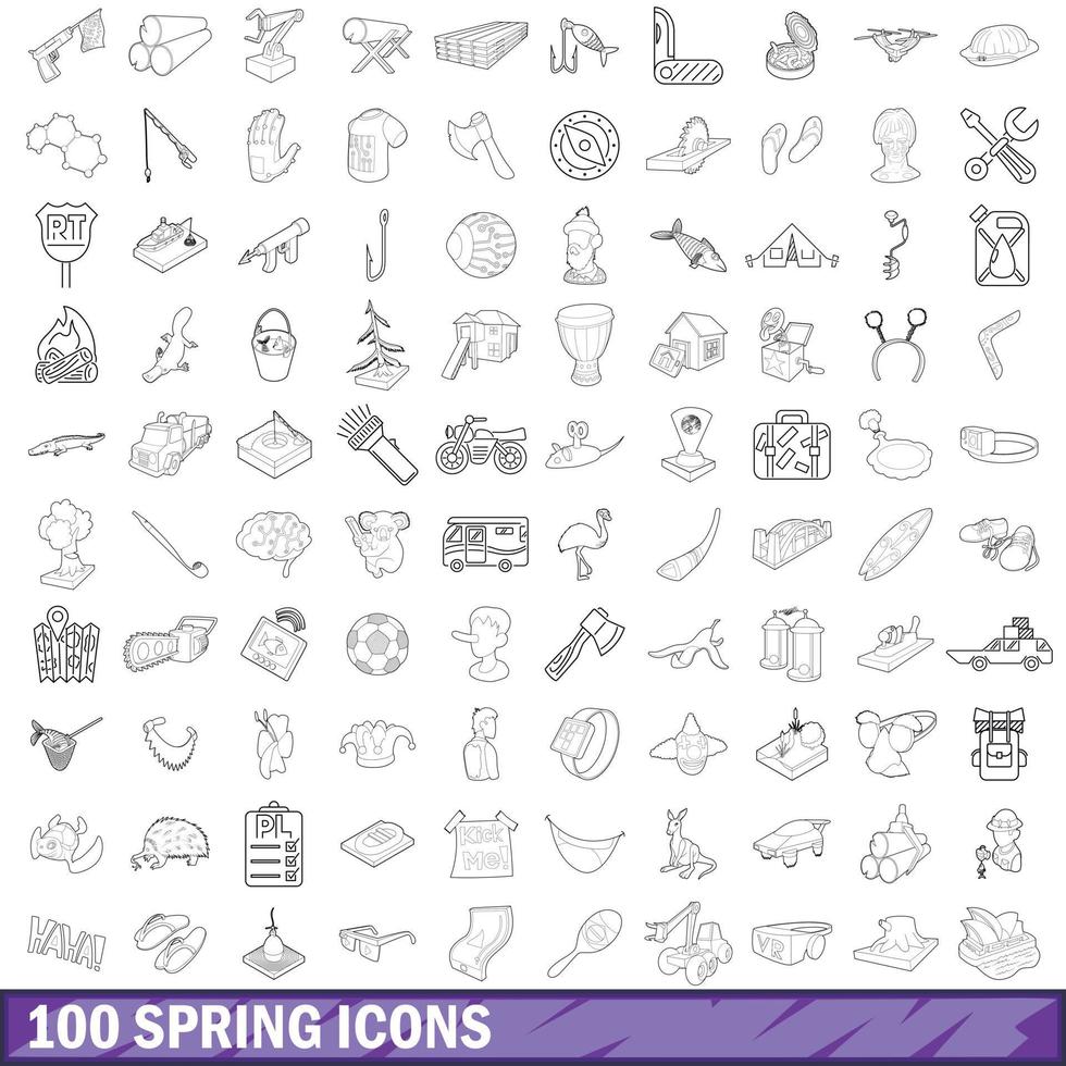 100 spring icons set, outline style vector