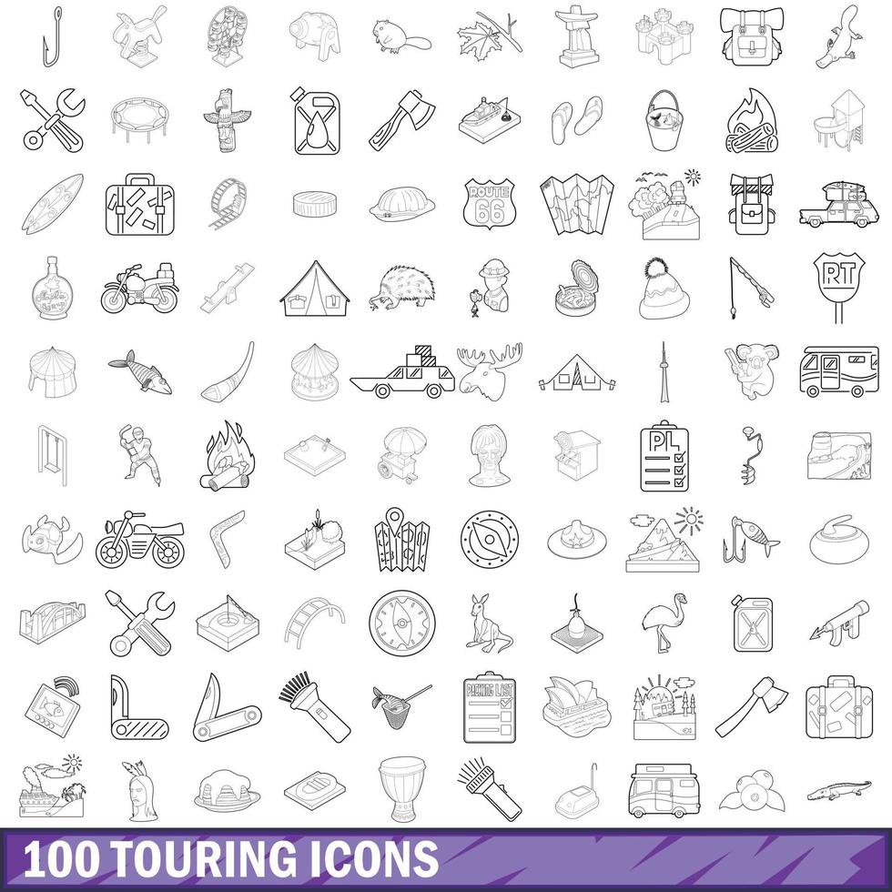 100 touring cons set, outline style vector