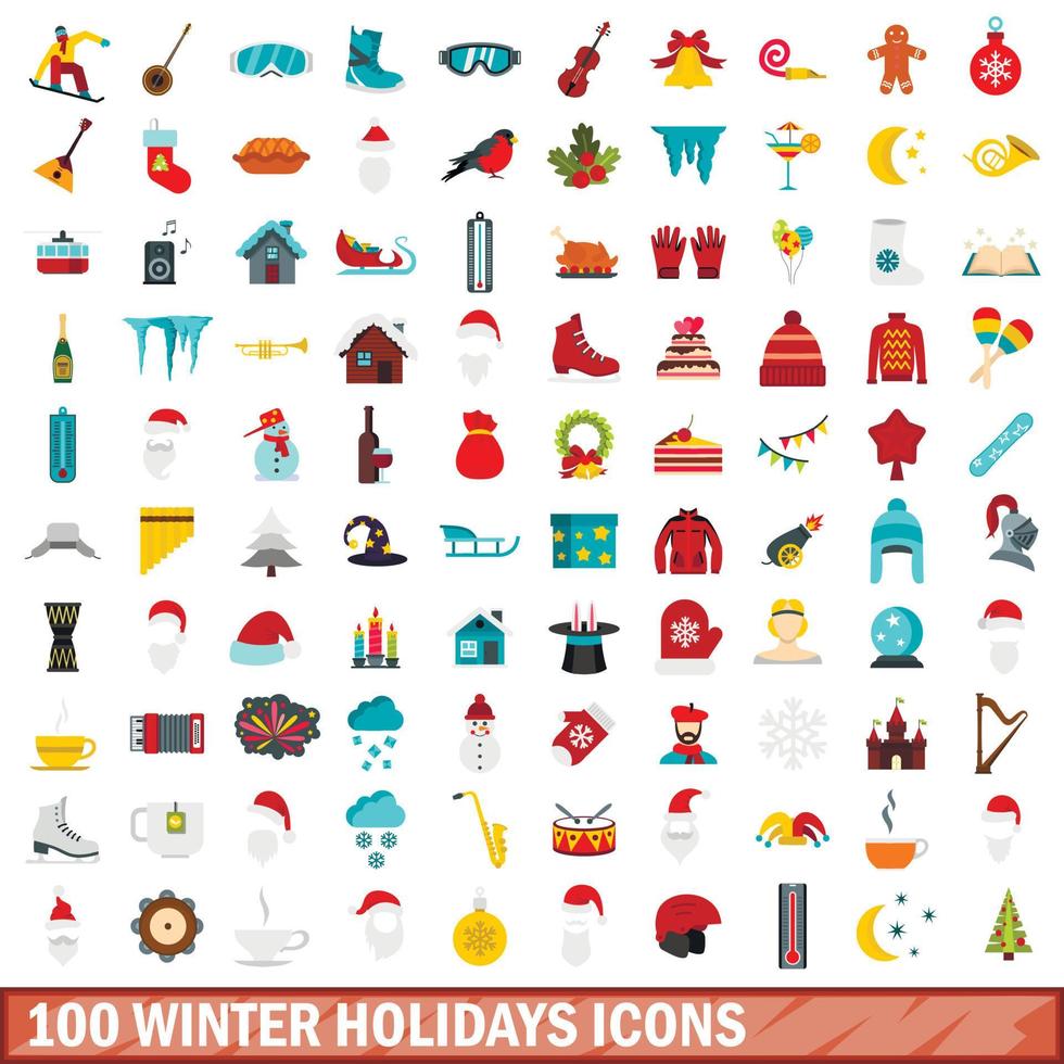 100 iconos de vacaciones de invierno, estilo plano vector