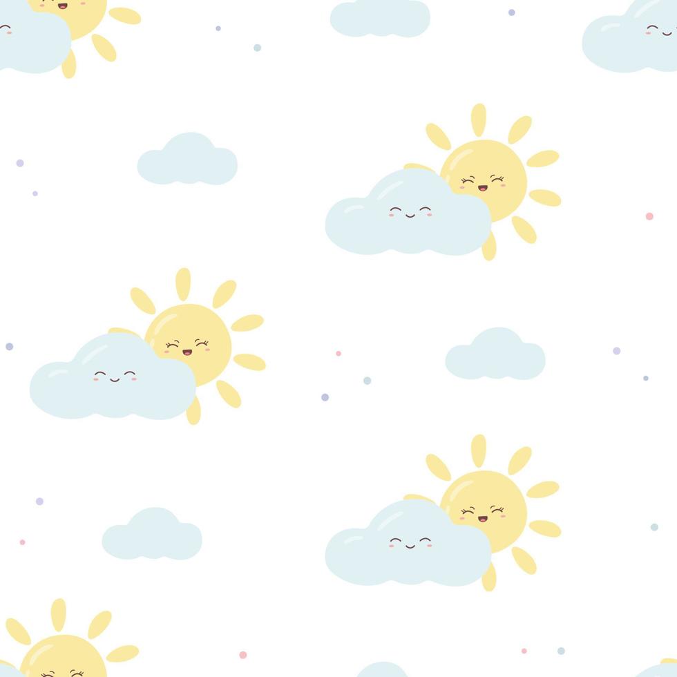 Kawaii seamless pattern with funny sun and cloud. Cute print for phone case, backgrounds, fashion, wrapping paper and textile. Vector Illustration