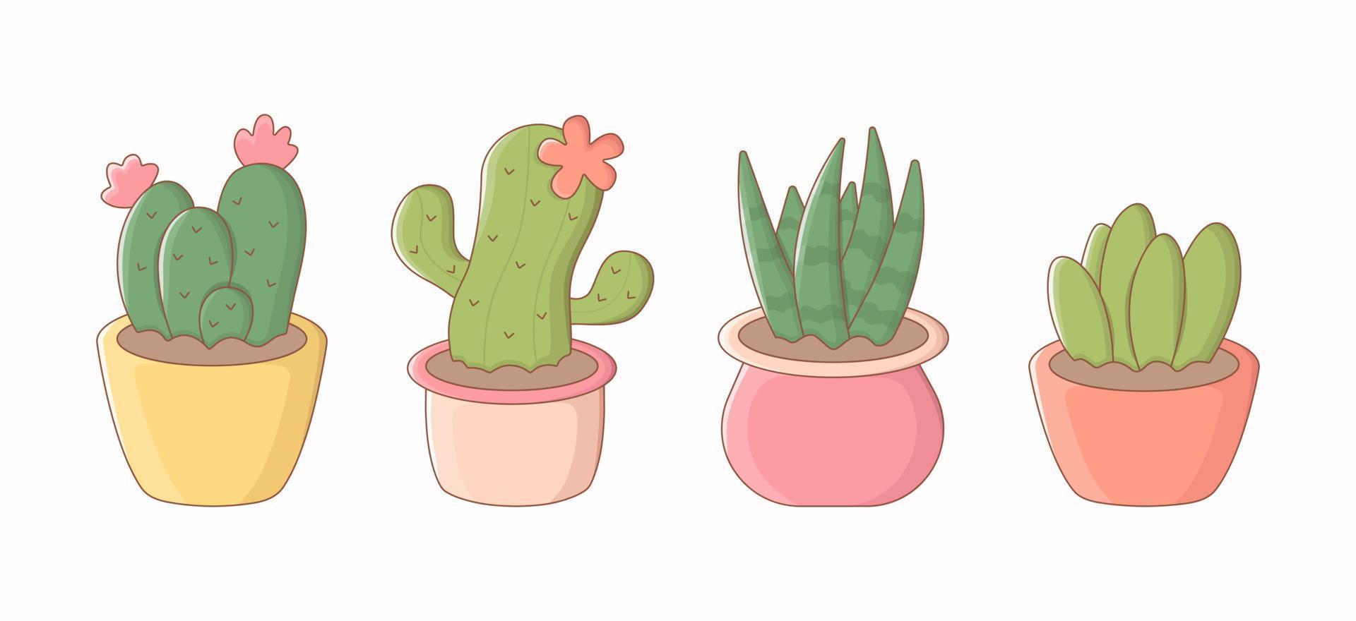 Set of cute colourful cactuses, potted plants. Collection of colourful cacti, house plants in cartoon style. Vector illustration isolated on white background