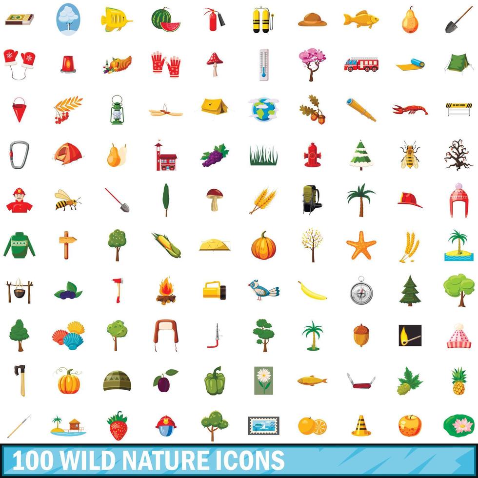 100 wild nature icons set, cartoon style vector