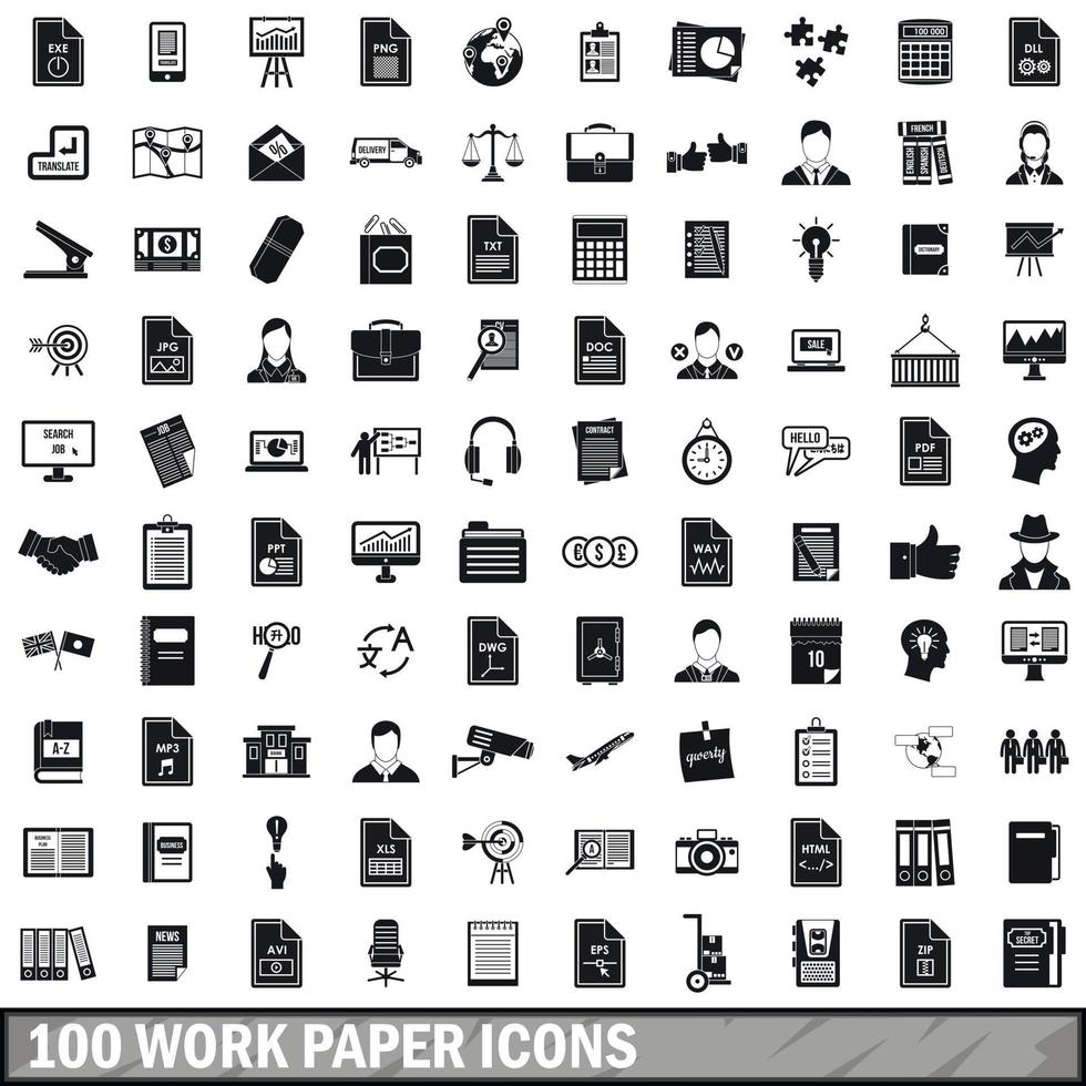 100 work paper icons set, simple style vector