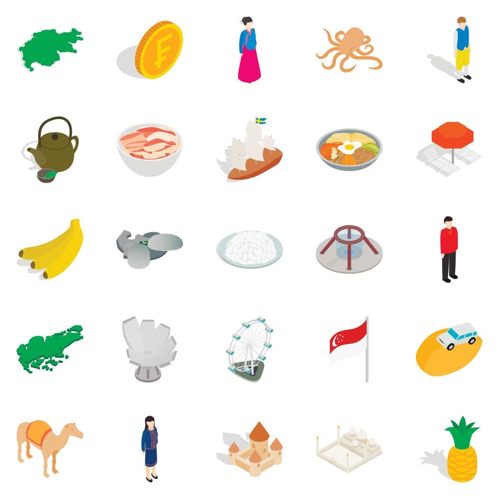 Asian buildings icons set, isometric style vector