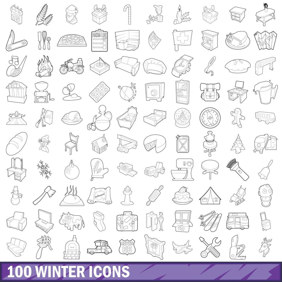 100 iconos de invierno, estilo de esquema vector