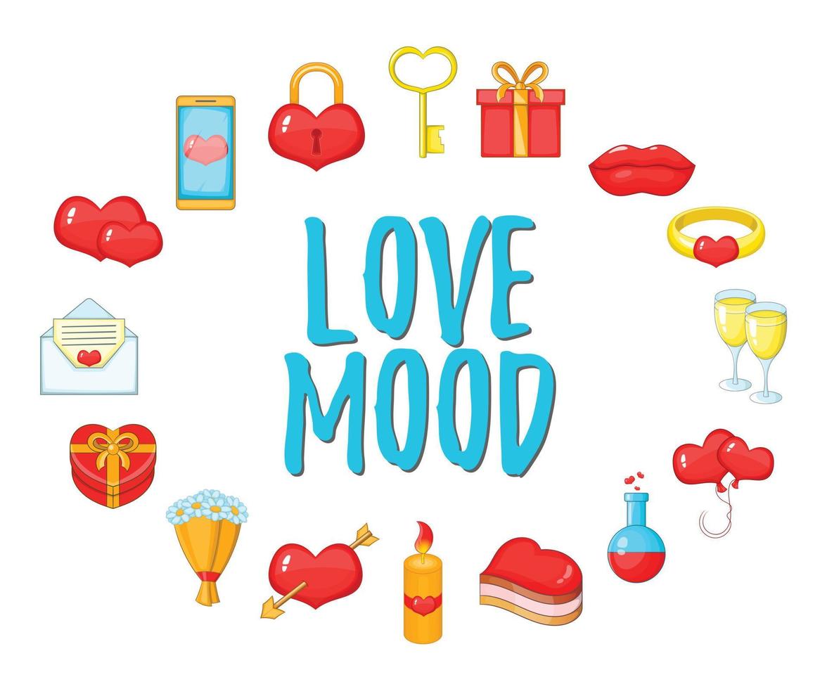 Love Mood concept icons set, cartoon style vector