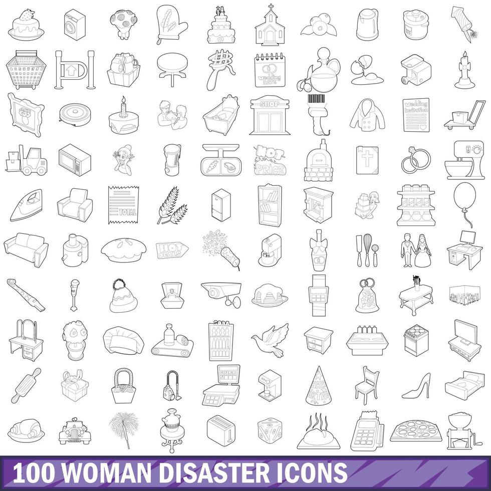 Conjunto de iconos de desastre de 100 mujeres, estilo de esquema vector