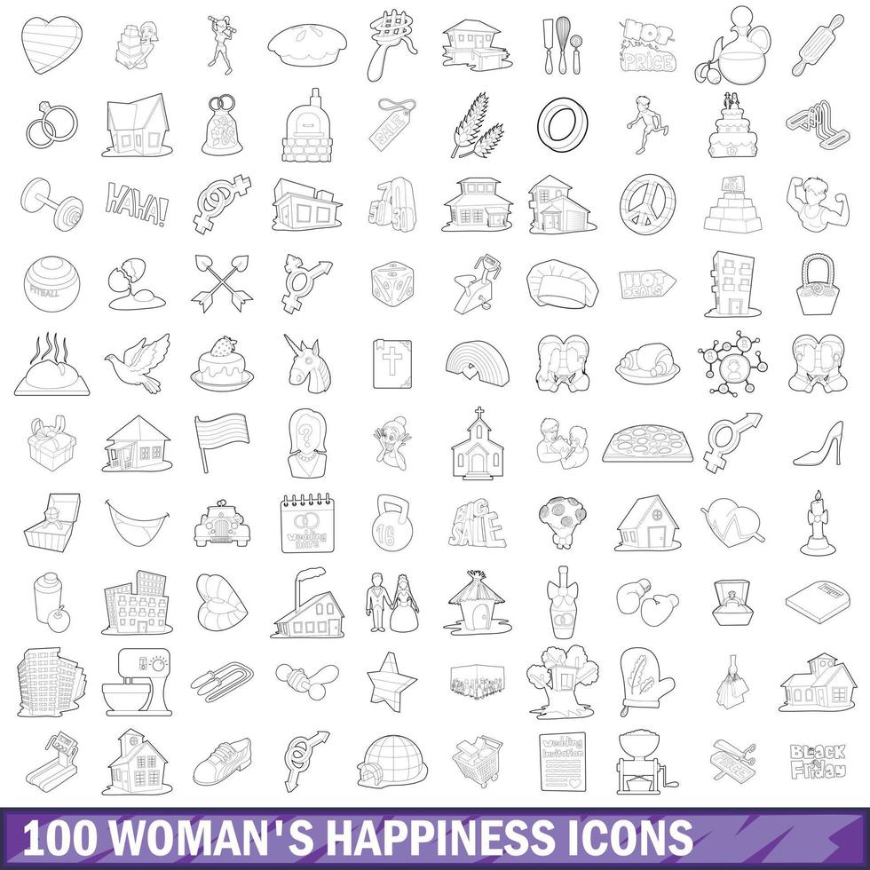 100 iconos de felicidad de mujer, estilo de esquema vector