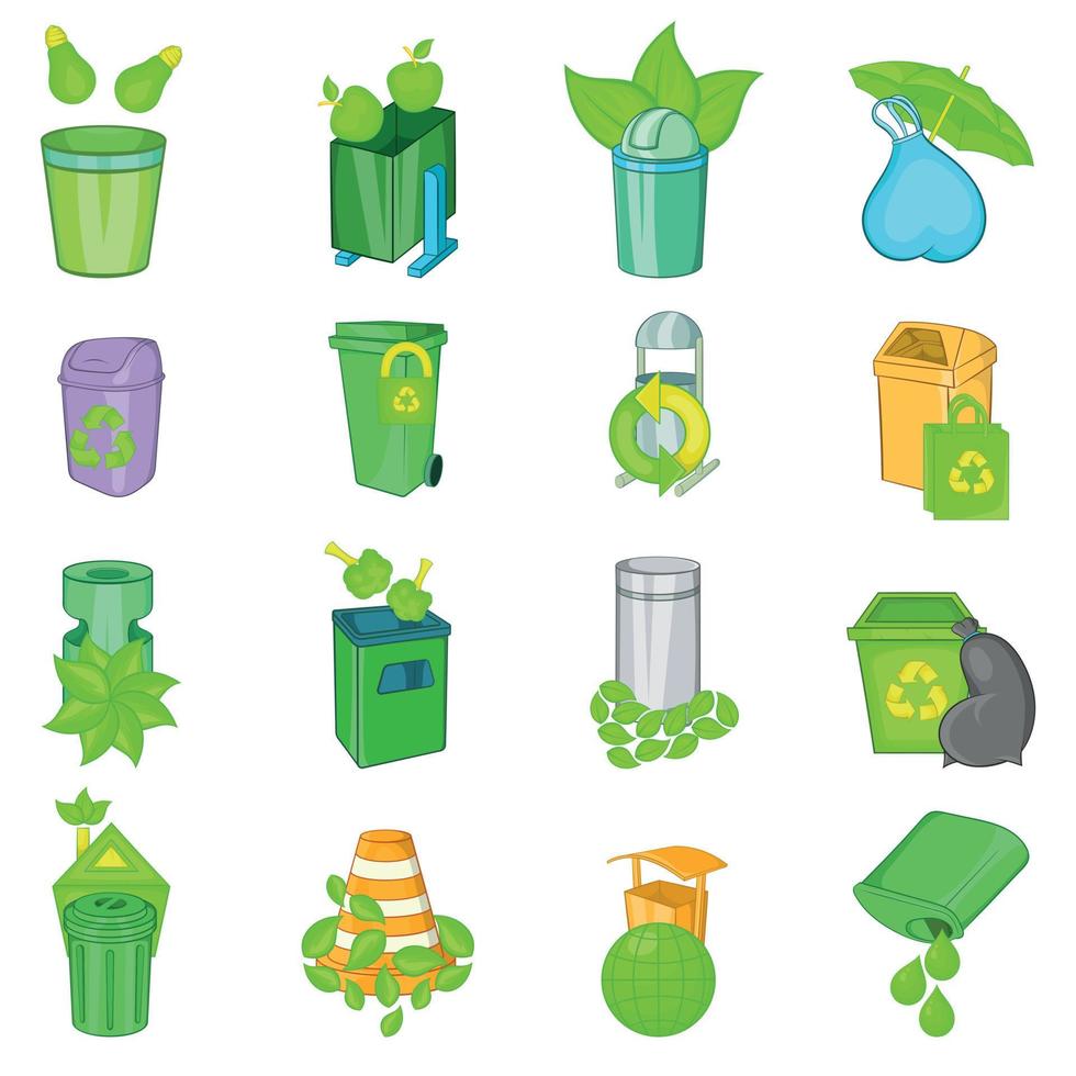 Eco trash icons set, cartoon style vector