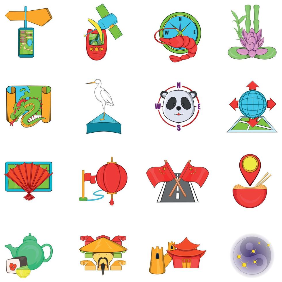 Asia travel icons set, cartoon style vector