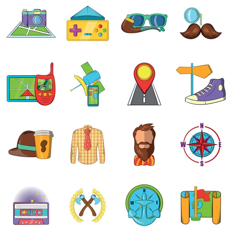 Hipster tour icons set, cartoon style vector