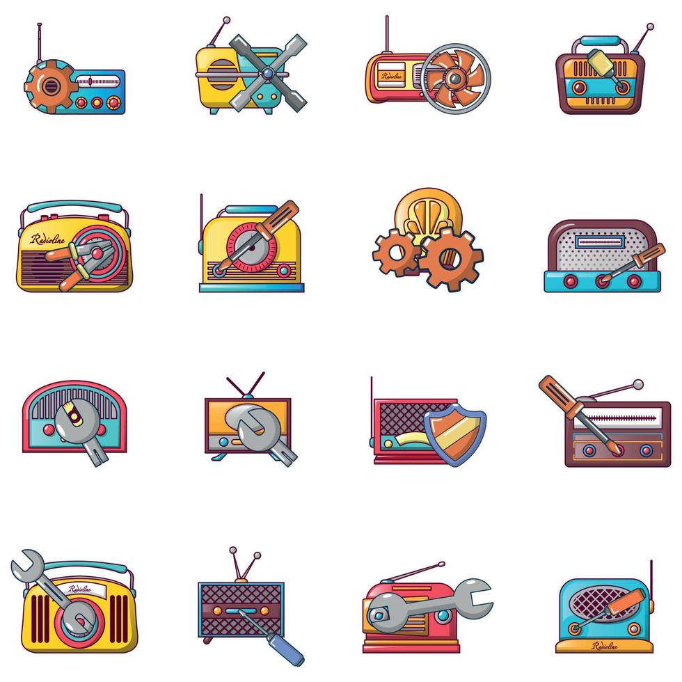 Radio repair icons set, cartoon style vector