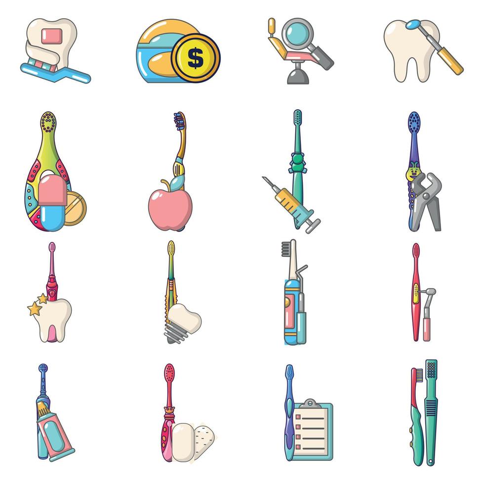 Dental care icons set, cartoon style vector