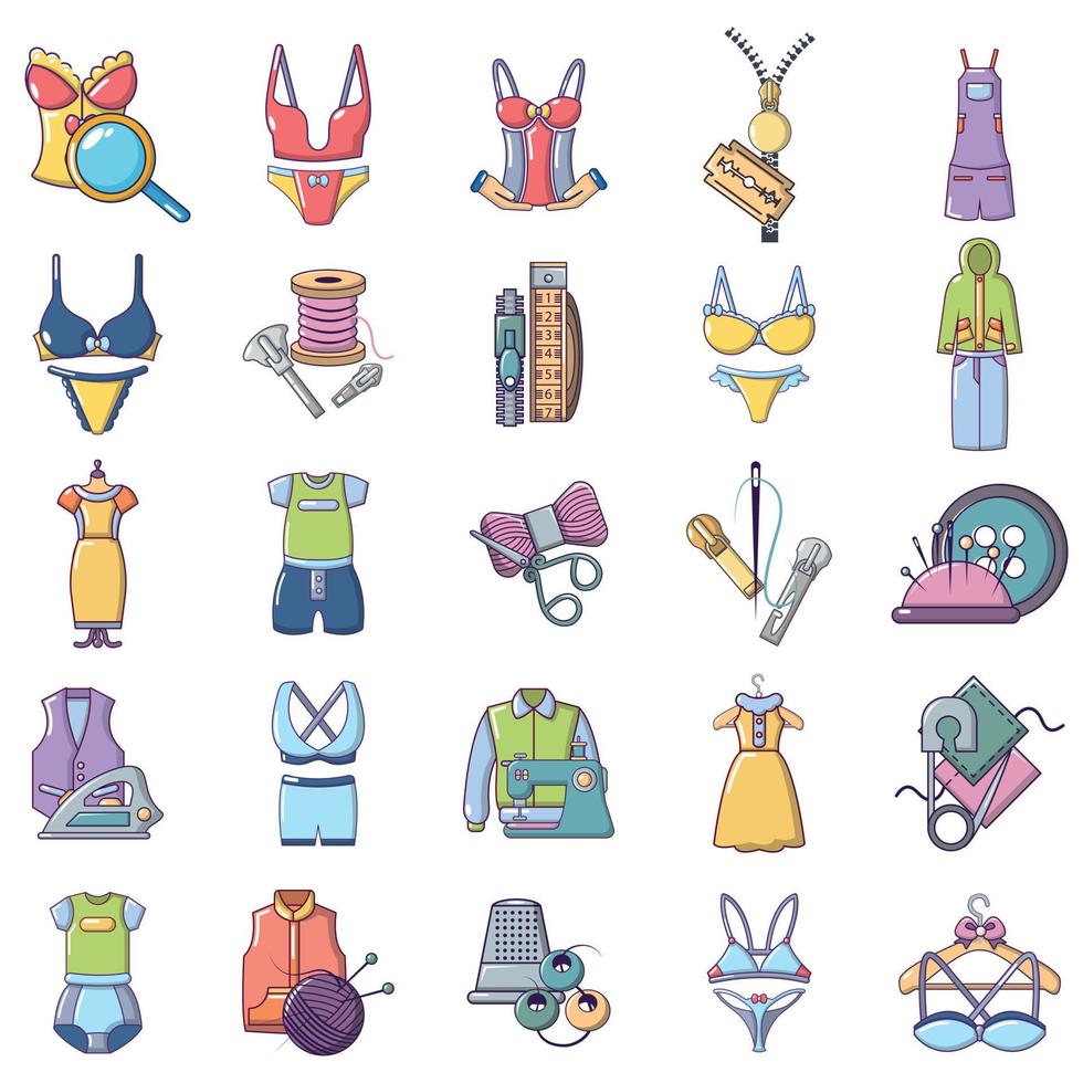 Needlework icons set, cartoon style vector