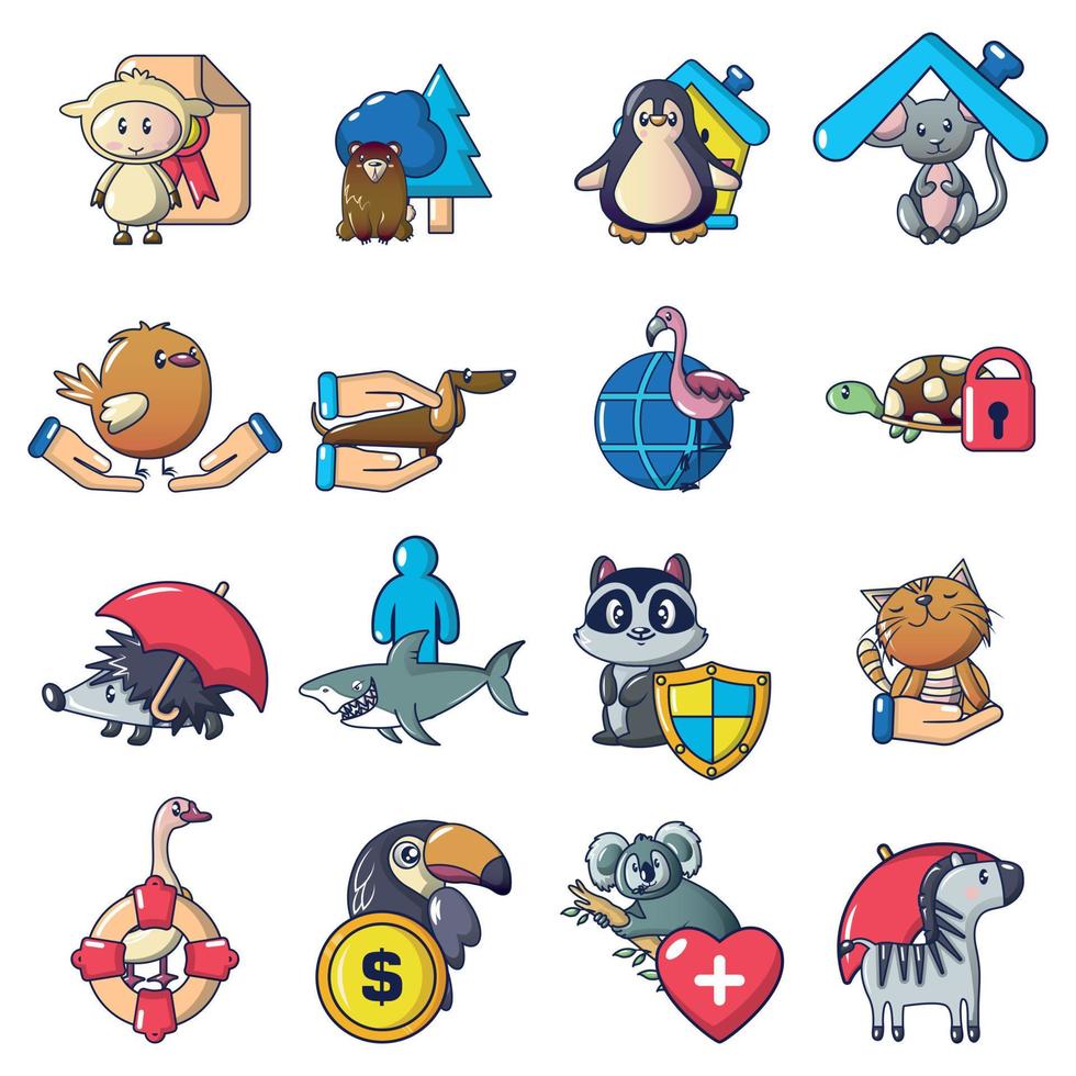 Animal protection icons set, cartoon style vector