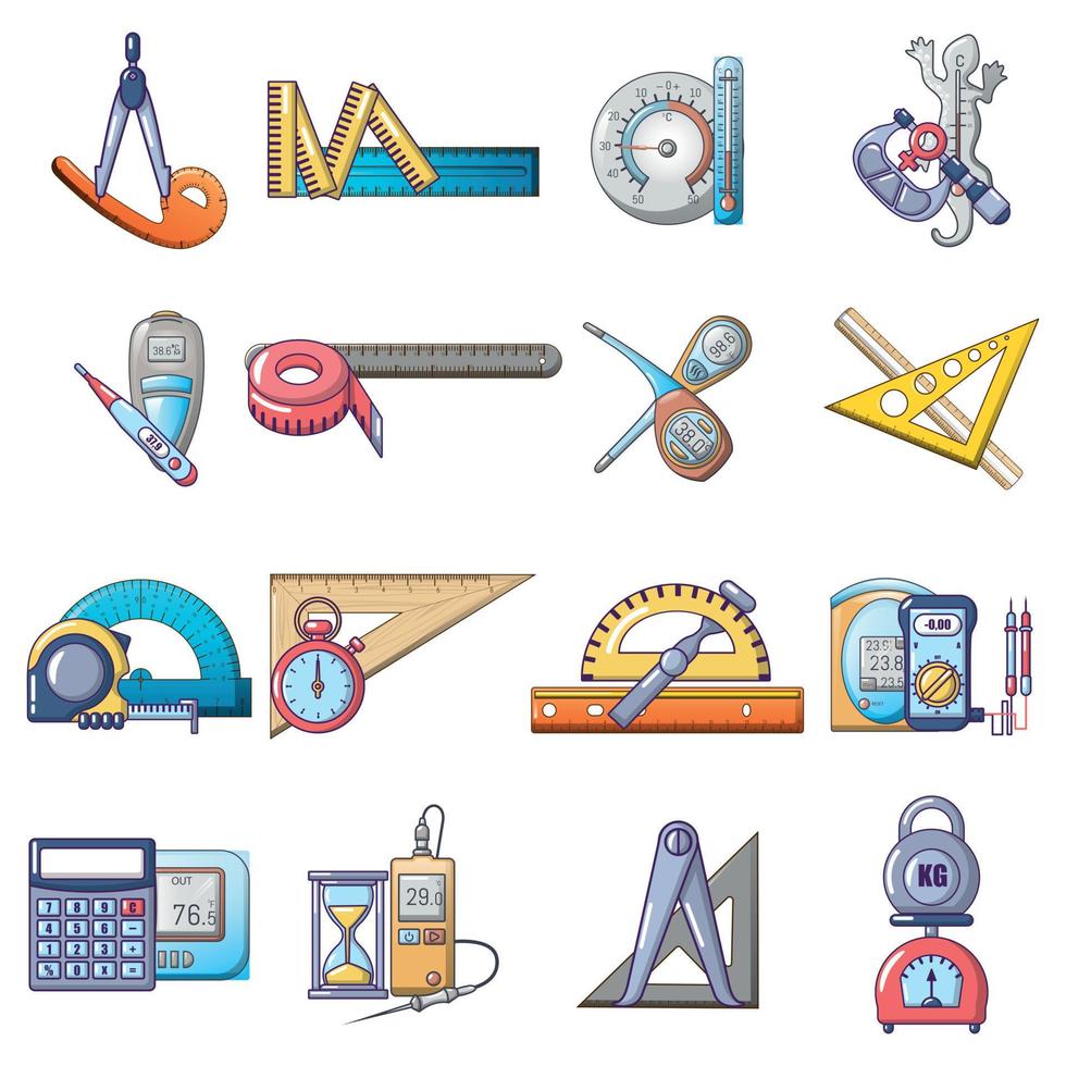 Measuring instrument icons set, cartoon style vector