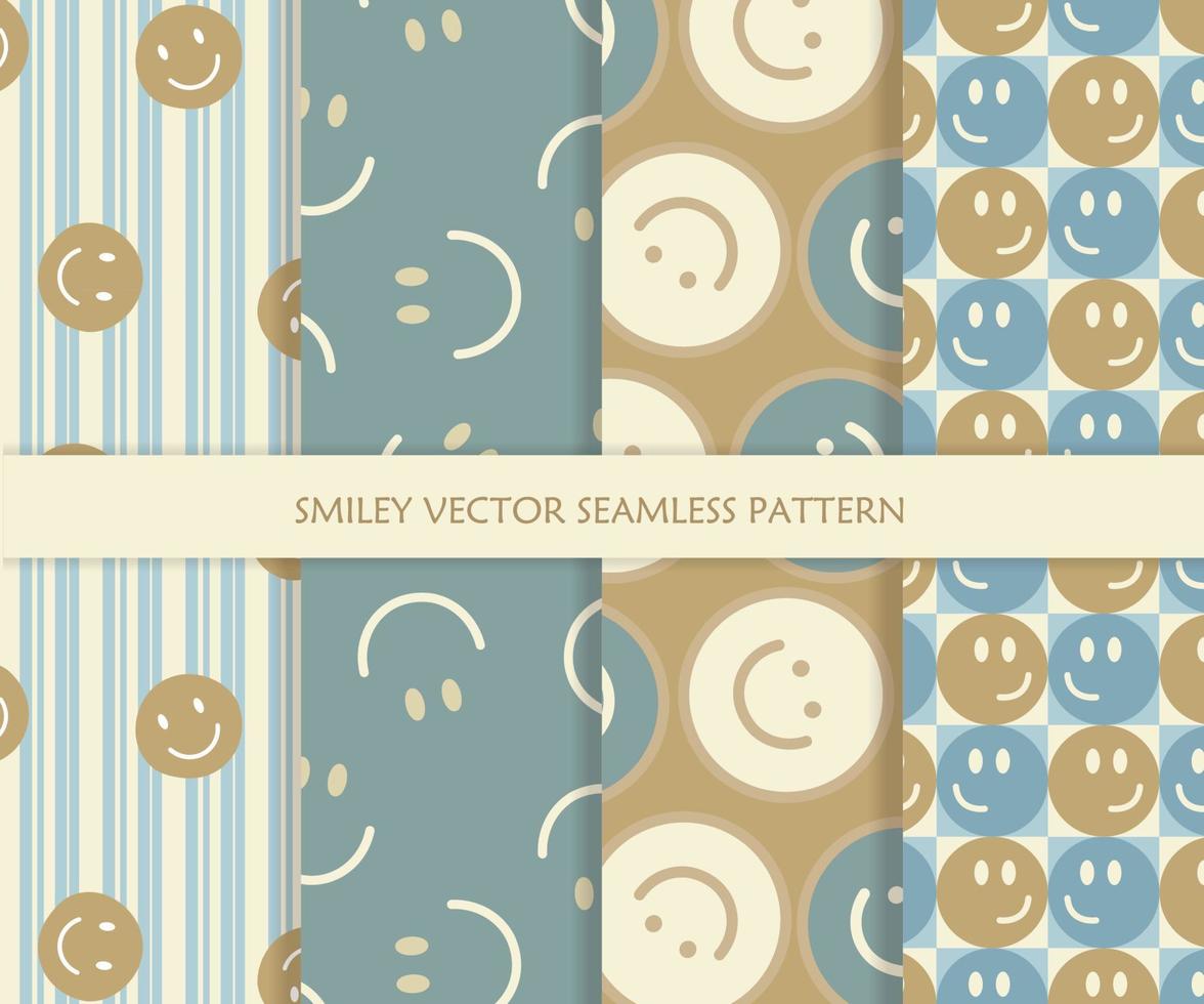 conjunto de patrón de repetición sin costuras de vector de cara sonriente. estampado de cuatro patrones de fondo