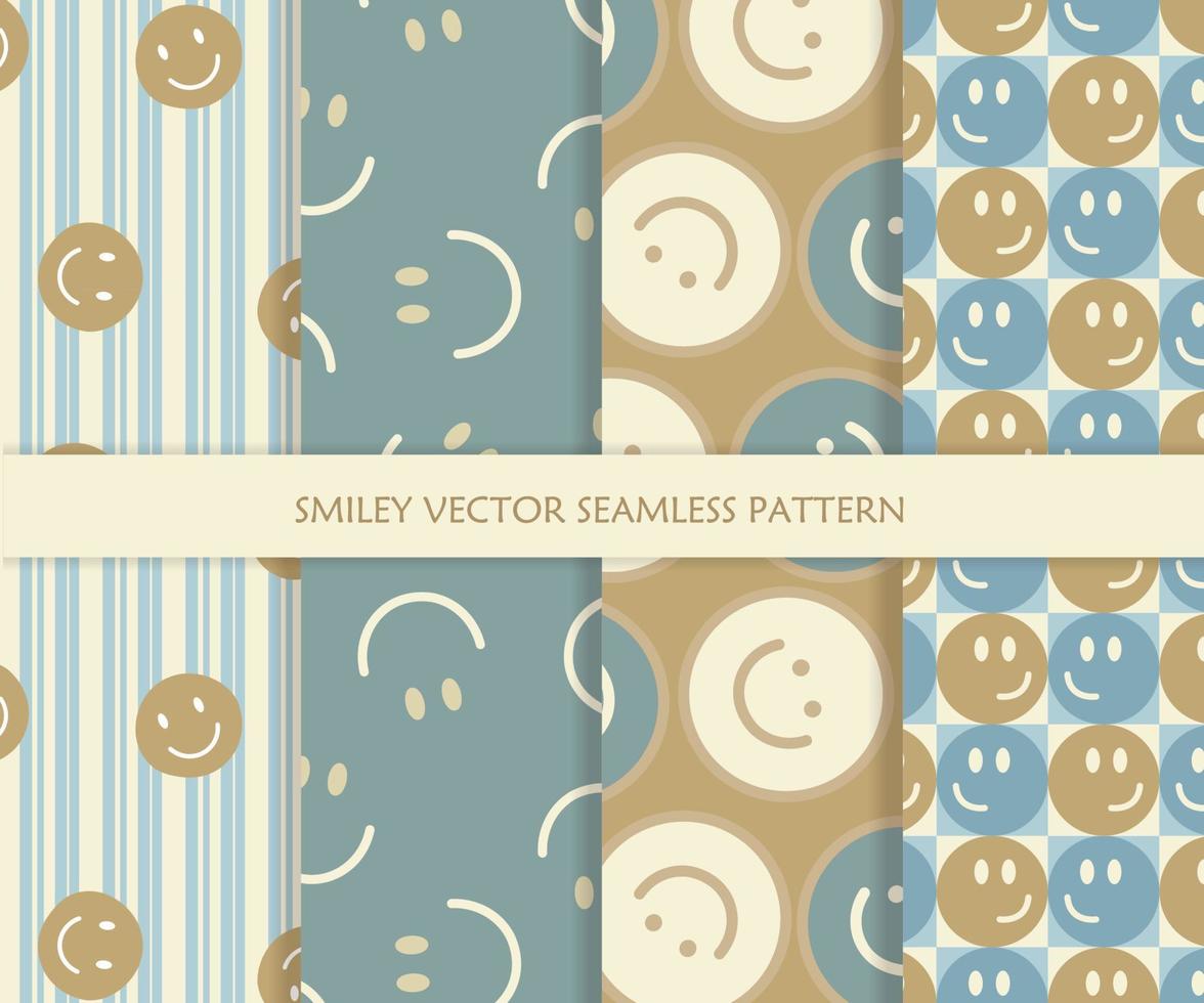 Set of smiley face vector seamless repeat pattern. Four background pattern print