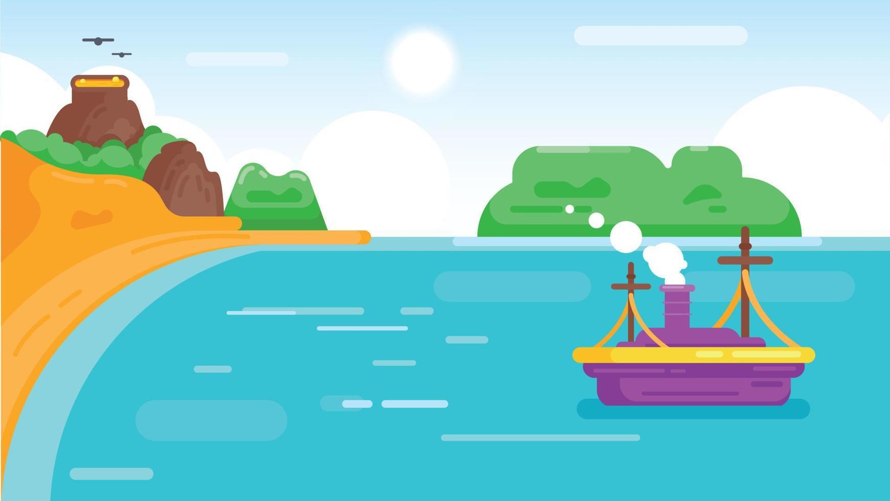 Seashore scene with steam ship and volcano mountain. Flat style island coast with sunny sky vector illustration.