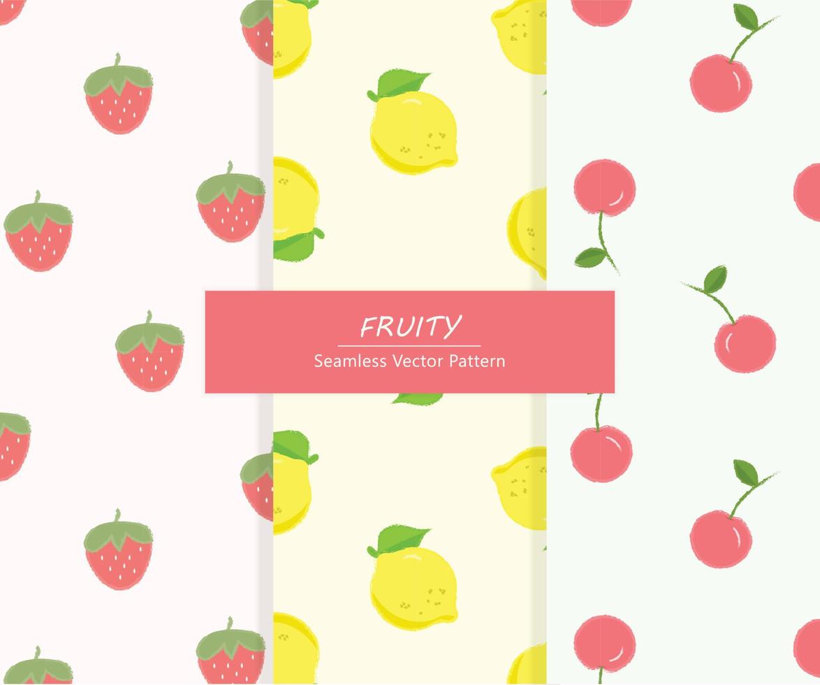 Set of colorful fruits seamless repeat patterns. Strawberry, lemon, and cherry vector pattern. Fruit illustration print