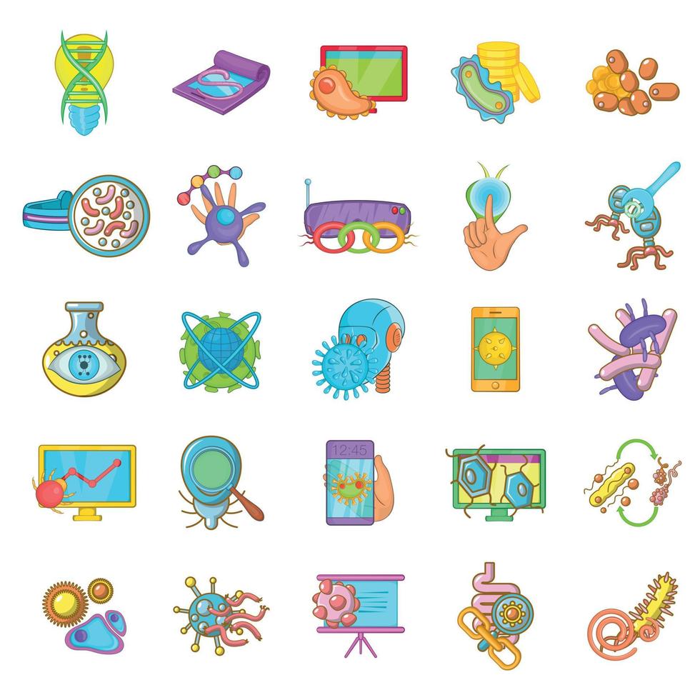 Microbial environment icons set, cartoon style vector