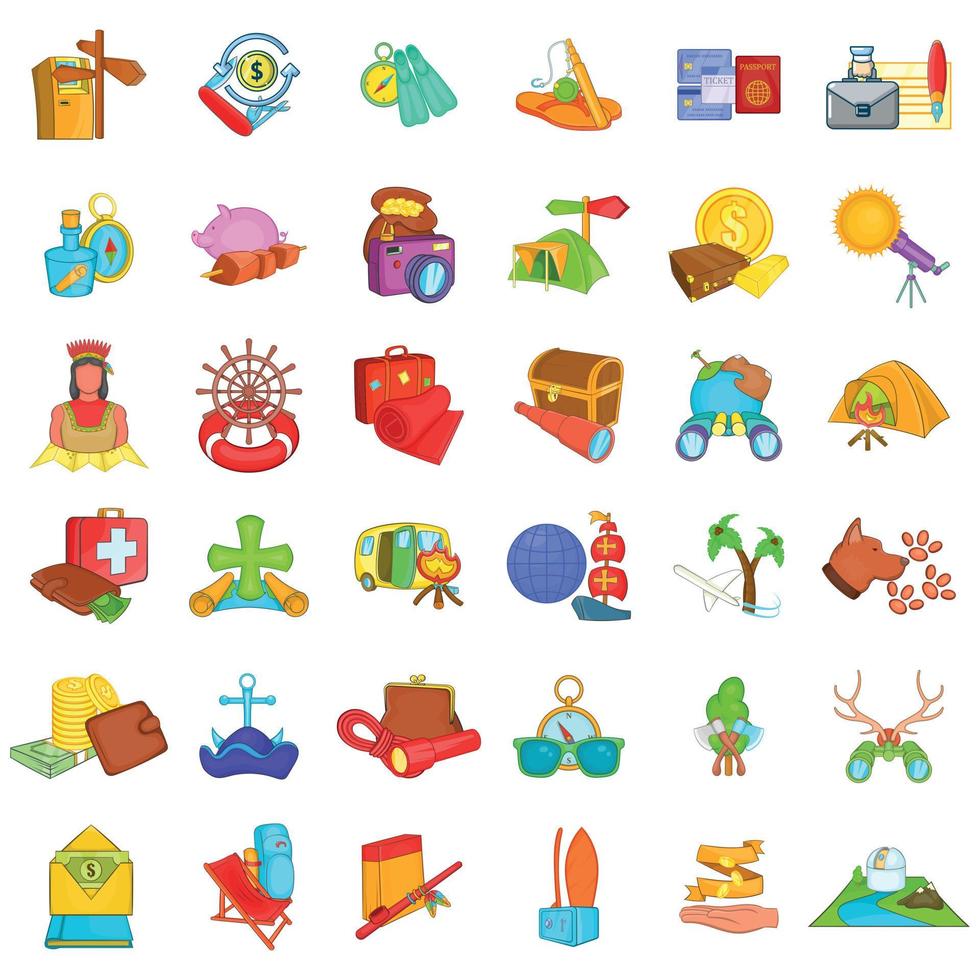 Conjunto de iconos de vacaciones salvajes, estilo de dibujos animados vector