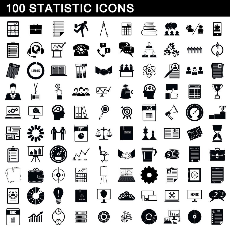 100 iconos de estadísticas, estilo simple vector
