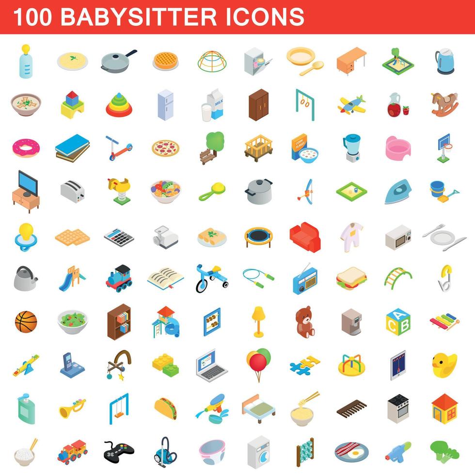 100 babysitter icons set, isometric 3d style vector