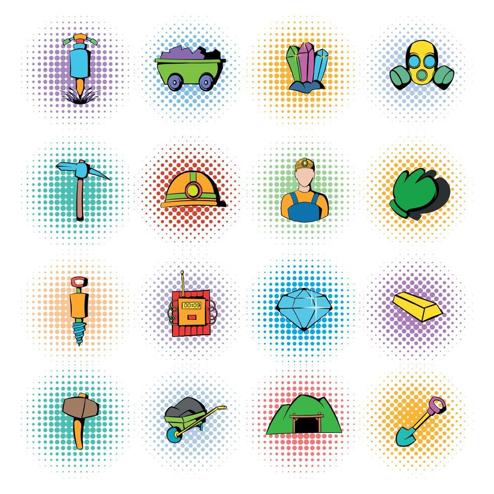 Mining industry icons set, comics style vector