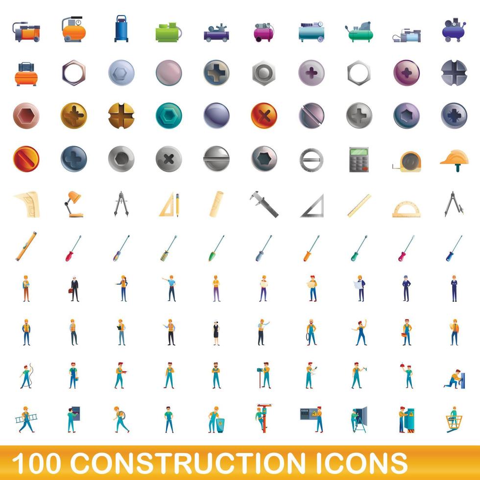 100 construction icons set, cartoon style vector