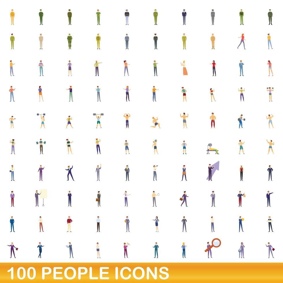 100 people icons set, cartoon style vector