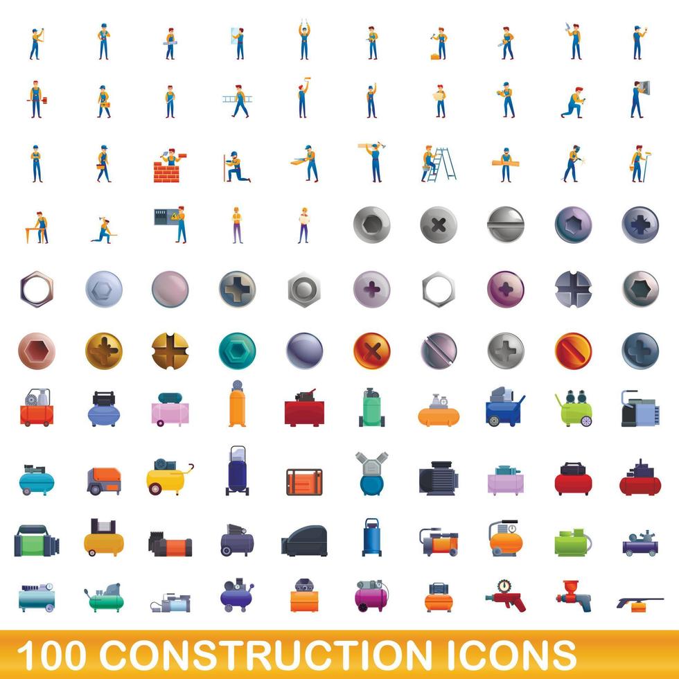 100 iconos de construcción, estilo de dibujos animados vector